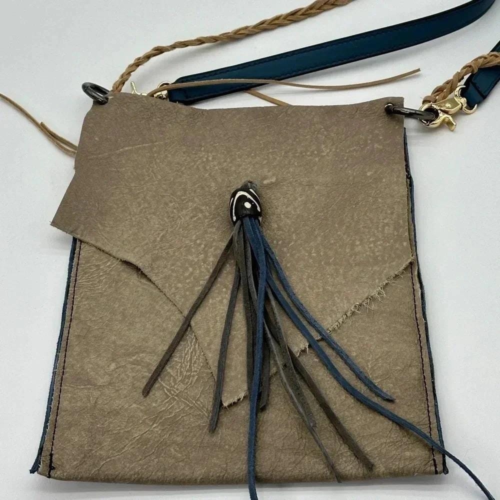 Echoes Handmade Raw Edge Leather Crossbody Bag Taupe Fringe Tassel Boho - Picture 2 of 9